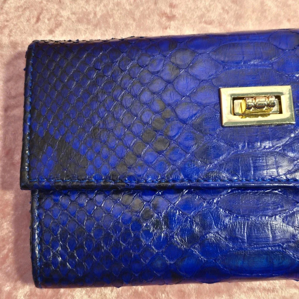 Electric Blue Snakeskin Python Trifold Wallet Gold Turn Lock Closure Luxury